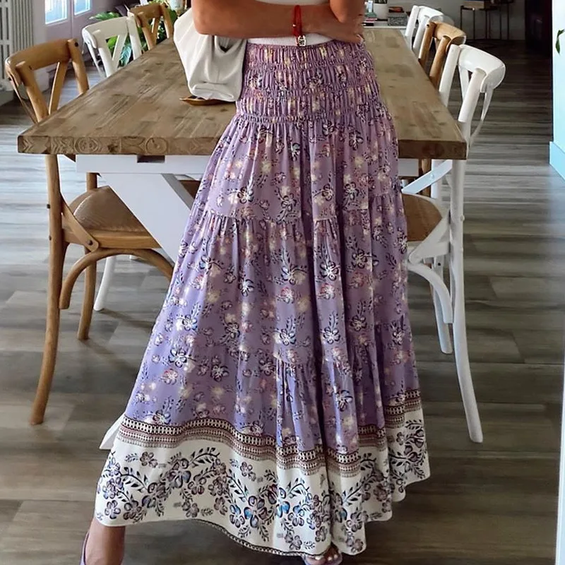 

2021 Summer New Women's Printing Skirts Elastic High Waist Long Skirt Floral Pleated A-line Boho Skirts Chic Mujer Maxi Skirts