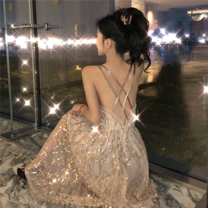 Femme  Women Sexy Backless Long Dress Summer Sequins Hollow Design Female Gold Slim Sling Maxi Dresses For Evening Party