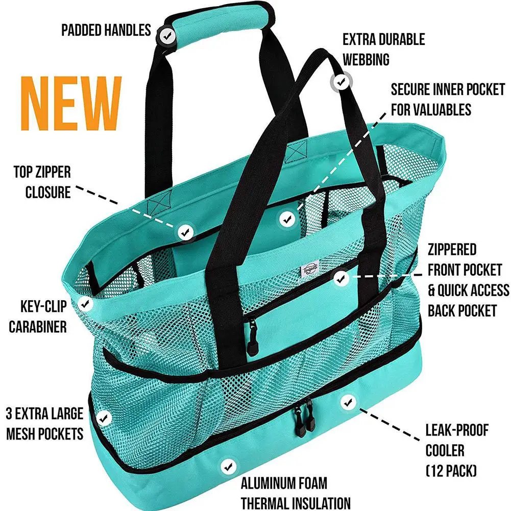 Сетчатая пляжная сумка тоут многофункциональная изолированная на молнии для