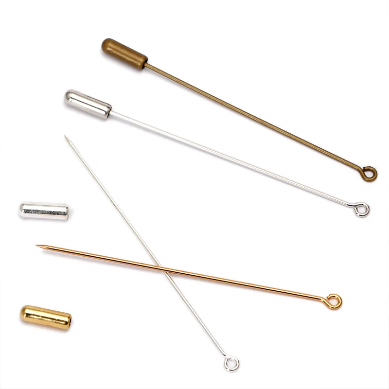 

20pcs brooch needles 50/70mm Length Loop Eye Brooch Pin Copper Broocher Safety Pins with Stopper for DIY Jewelry Findings