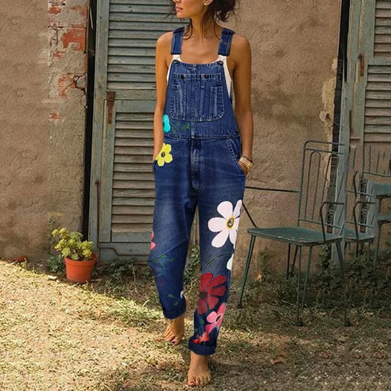 Комбинезон женский джинсовый с широкими штанинами модный пикантный длинный