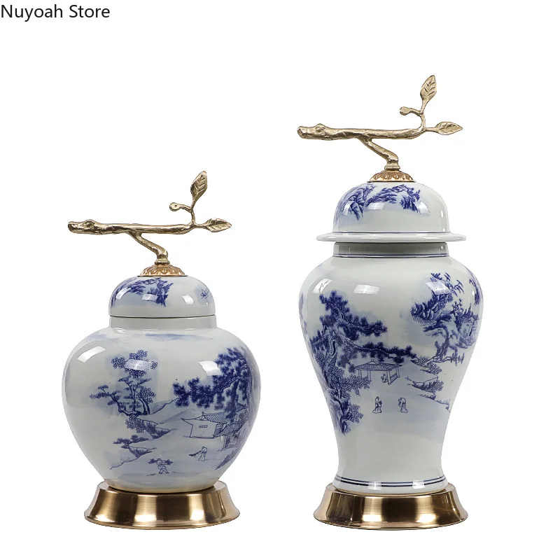 

Классические сине-белые фарфоровые Имбирные украшения кувшин, ваза с медными ветвями, керамическая крышка, ваза для сухих цветов, украшение...