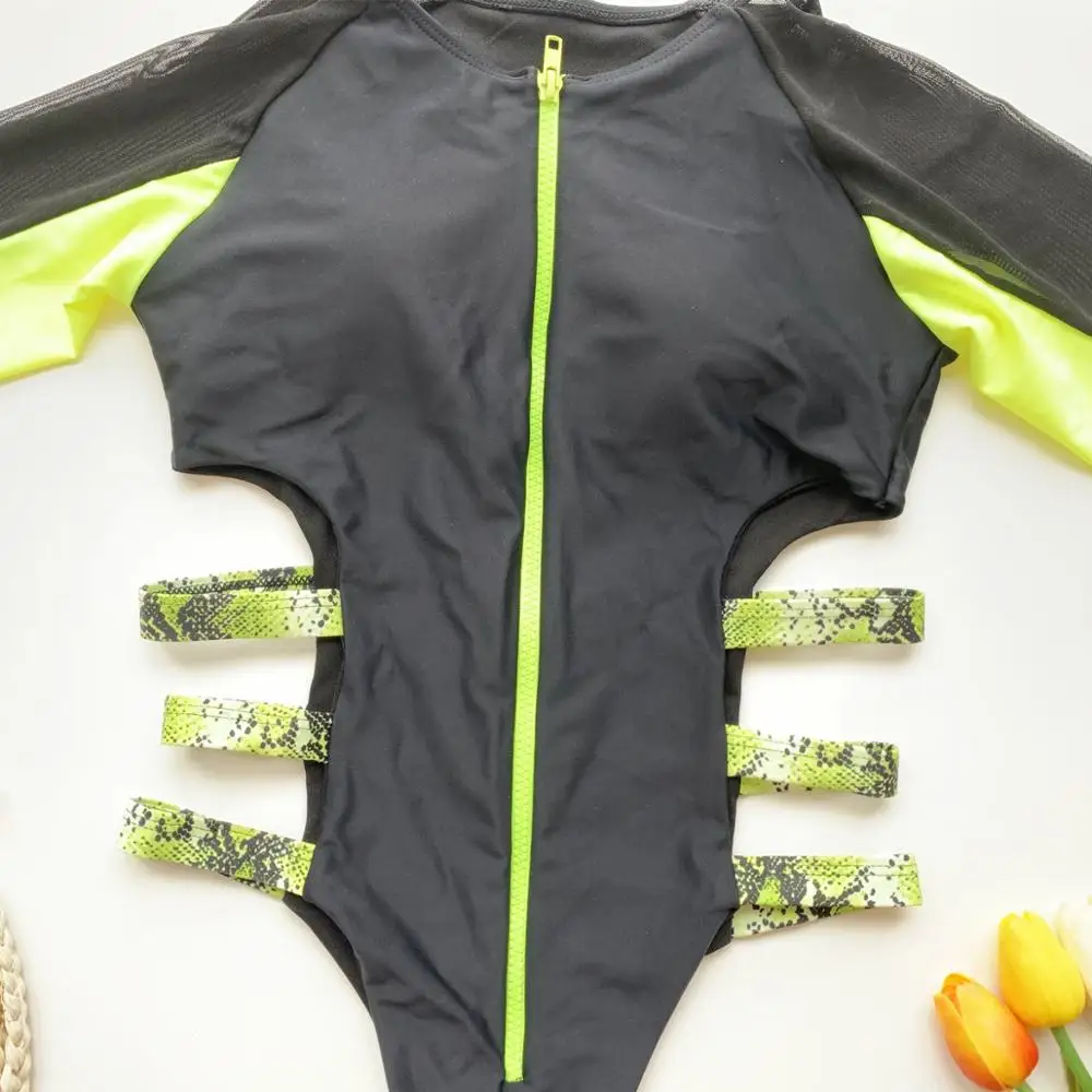 

One Piece Swimsuit 2020 Sexy Mesh Swim Wear High Neck Bathing Suit Women Zipper Monokini Swimsuit Sport Bodysuit