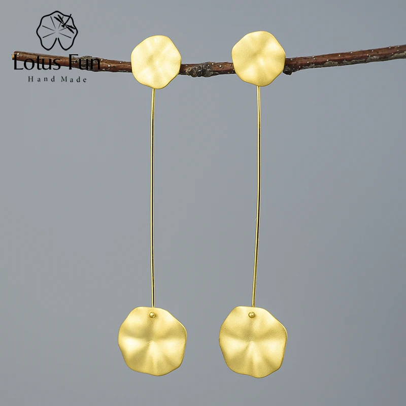 Компания Lotus Fun 18k золотой Лотос Листья длинные висячие серьги стерлингового