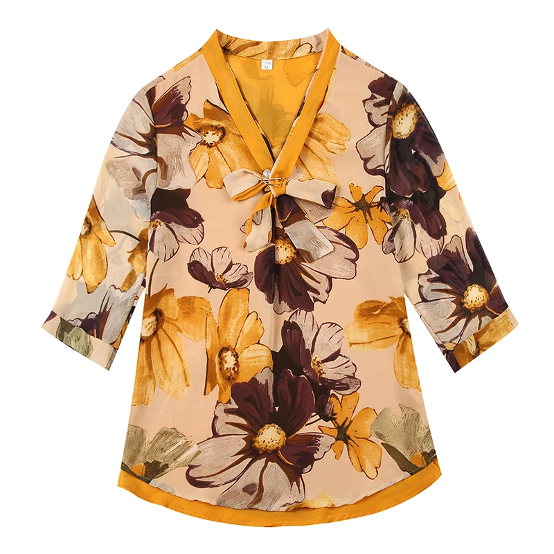 

Fashion Print Women Blouses Summer Short Sleeve V-neck Bow Chiffon Blouse Women Shirts Loose Plus Size Women Tops Blusas Mujer