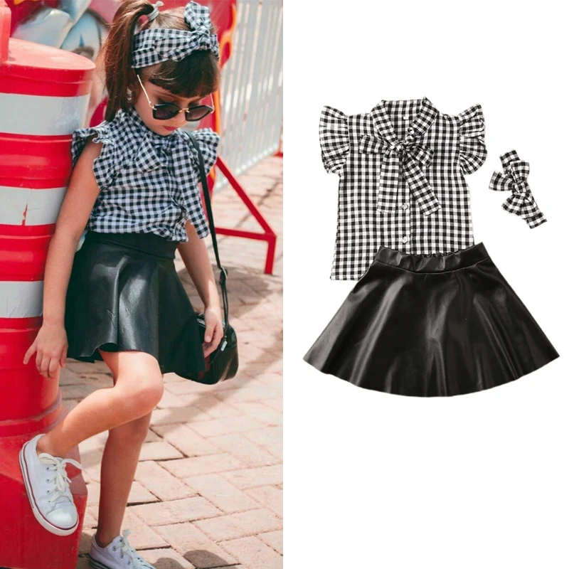 2 шт. футболка с оборками на рукавах и юбка из ПУ кожи|Комплекты одежды для