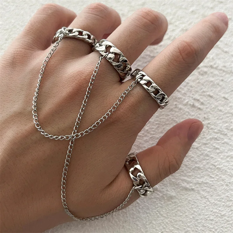 

New fashion personality creative chain pendant ring retro punk ring two-piece nightclub party jewelry gift wholesale