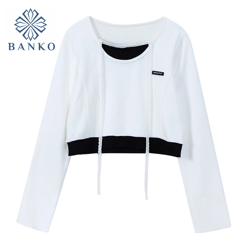 

Patchwork T Shirt Women Long Sleeve Streetwear Crop Tees O Neck Collar Halter Contrast Color Tops Casual Loose 2021 Ins Female
