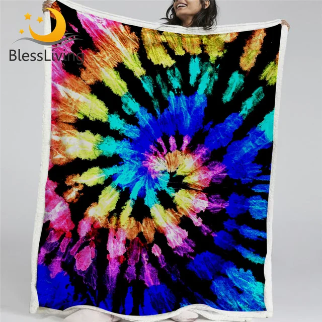 BlessLiving Colorful Tie Dye Blankets For Bed Watercolor Blooming Sherpa Blanket Stylish Soft Fluffy Blanket Luxury Bedding Koce 1
