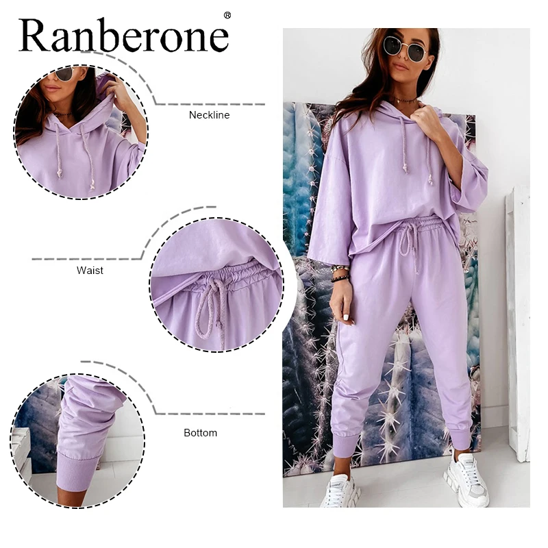 Ranberone Solid Color Casual Women Tracksuit Fashion Drop Shoulder Sleeve Hooded Suit Home Style Sports Suit Autumn 2020 New