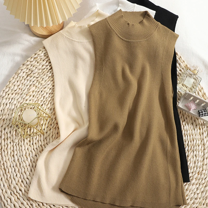 

2021 fall fit elastic pullover sleeveless sweater bottoming vest Korean version of all-match solid color top women