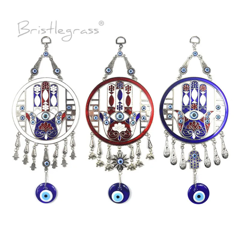 BRISTLEGRASS Турецкая голубой с клипсами Дурной глаз диск хамса руки цветок настенный