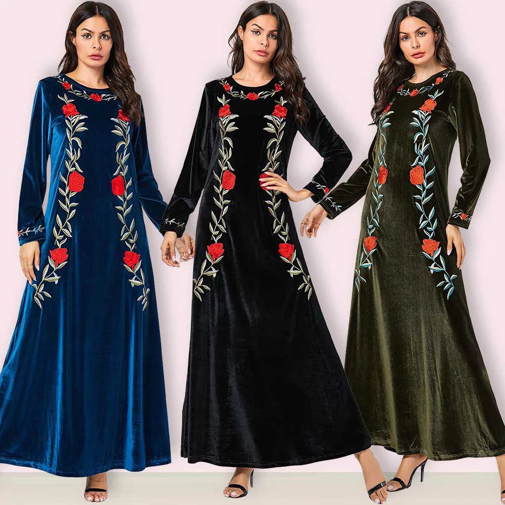 

Dubai Arab Muslim Dress Women Floral Embroidery Velvet Abaya Muslim Long Dresses Middle East Turkish Kimono Islamic Clothing New