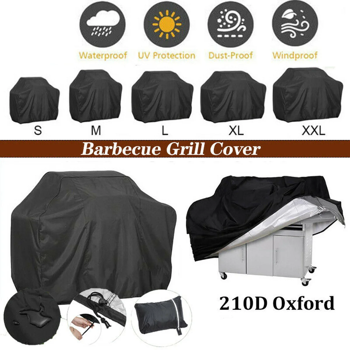 XS-XXXL Heavy Duty Waterproof BBQ Covers Black 210D Oxford Cloth Patio Gas Smoker Grill Barbecue Protector Outdoor Cover | Дом и сад