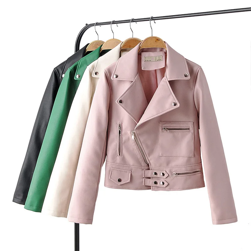 

Fitaylor New Autumn Women Faux Leather Jacket Casual Pu Motorcycle Biker Pink Coat Turndown Collar Streetwear Punk Outerwear