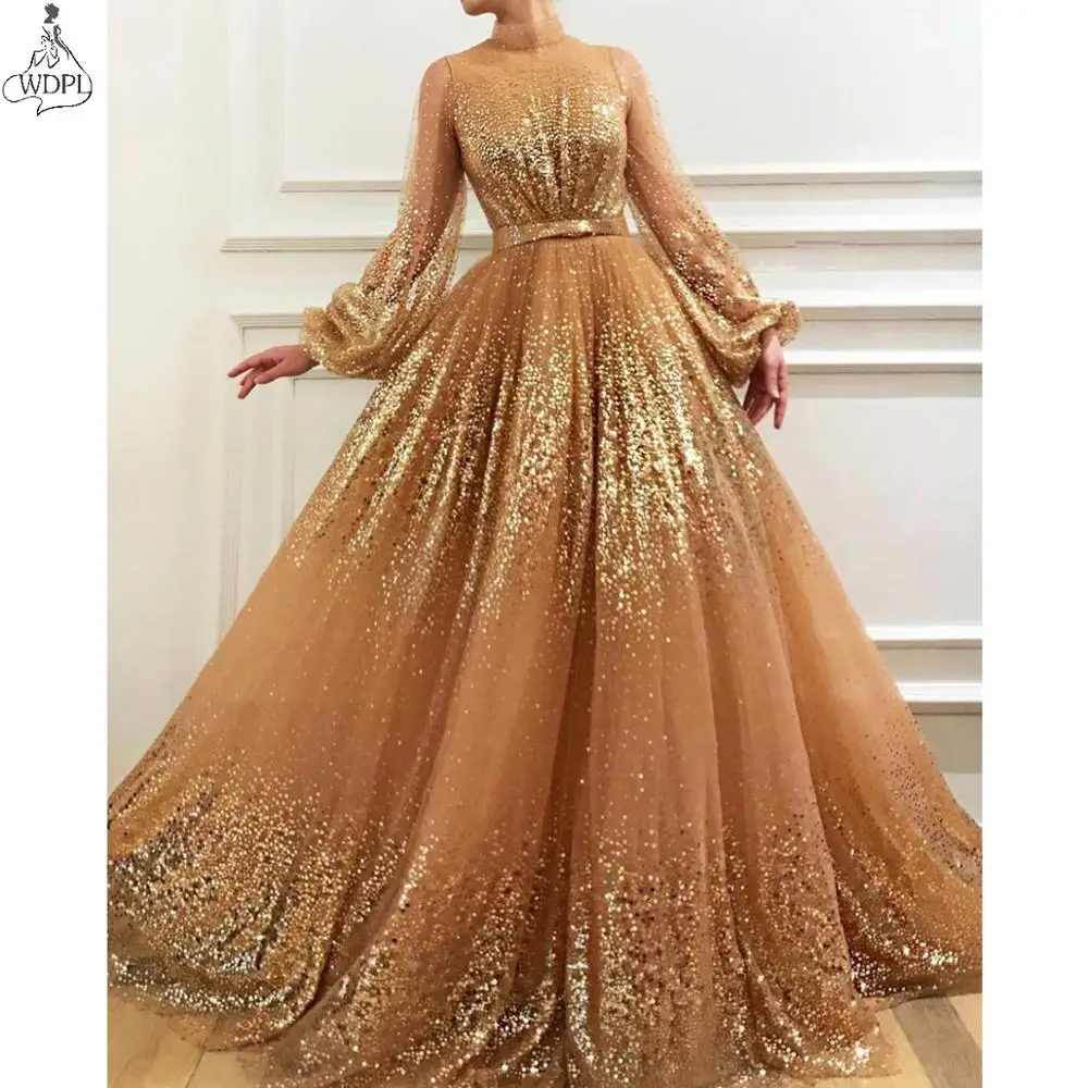 Блестящее Тюлевое вечернее платье с высоким воротником и длинными рукавами