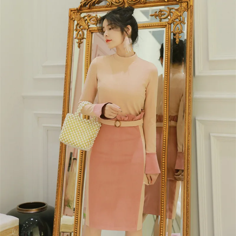 

Размера плюс осень зима розовое облегающее платье с запахом женское лоскутное контрастное платье миди облегающее женское Повседневное пла...