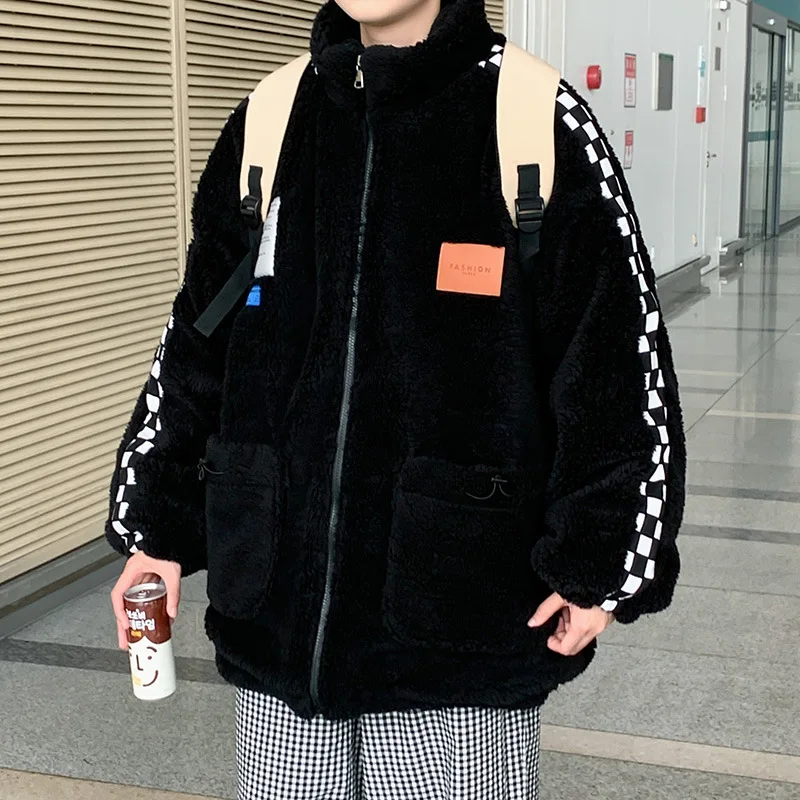 Men's Fashion Imitation Lamb Wool Coat Plus Velvet Thick Plaid Stitching Cotton Clothing Ins Trend Couple Warm Winter Jacket