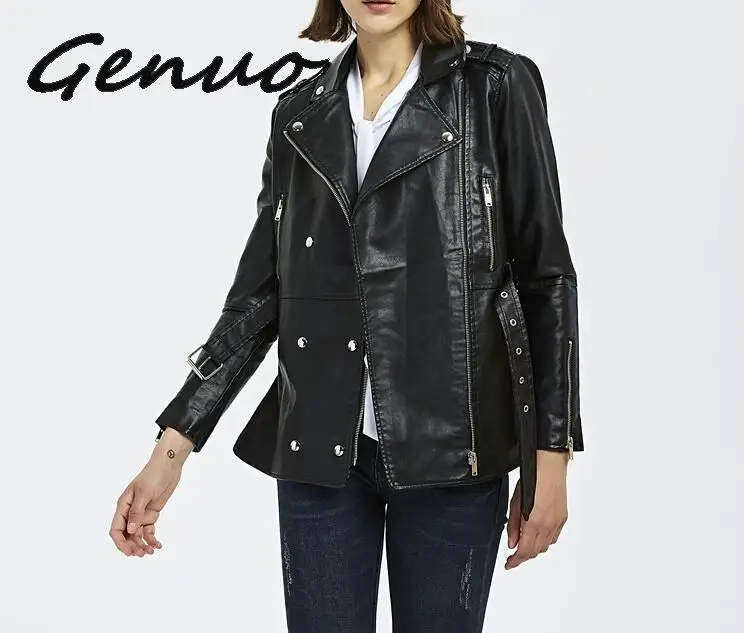 

Autumn Women's Jackets Long Sleeve PU Motorcycle Leather New Slim Double-breasted Long Windbreaker Women's Blend Coat With Belt