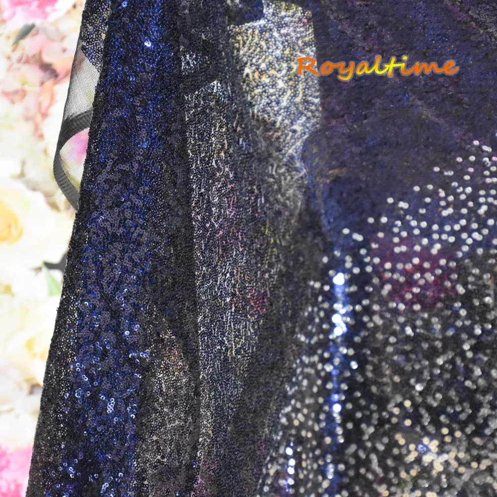 Градиентная темно сине серебристая ткань с блестками кружевная для платьев