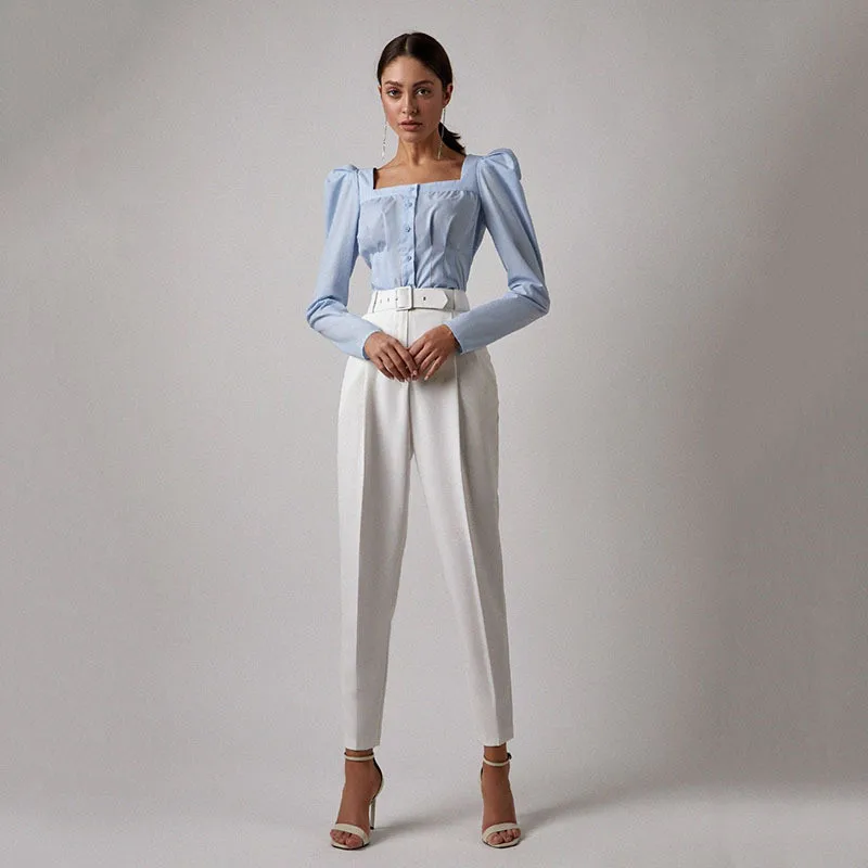 

hirigin Spring Autumn Women Puff Sleeve Squarter Collar Solid Color Blouse Fashion Ladies Streetwear OL Button High Waist Shirt