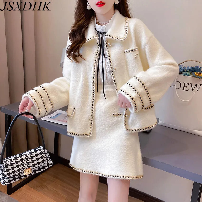 

Autumn Winter Faux Mink Fleece 2 Piece Set High Quality Women Pearl Button Warm White Jacket Coat + Woolen Mini Skirt Suit Lady