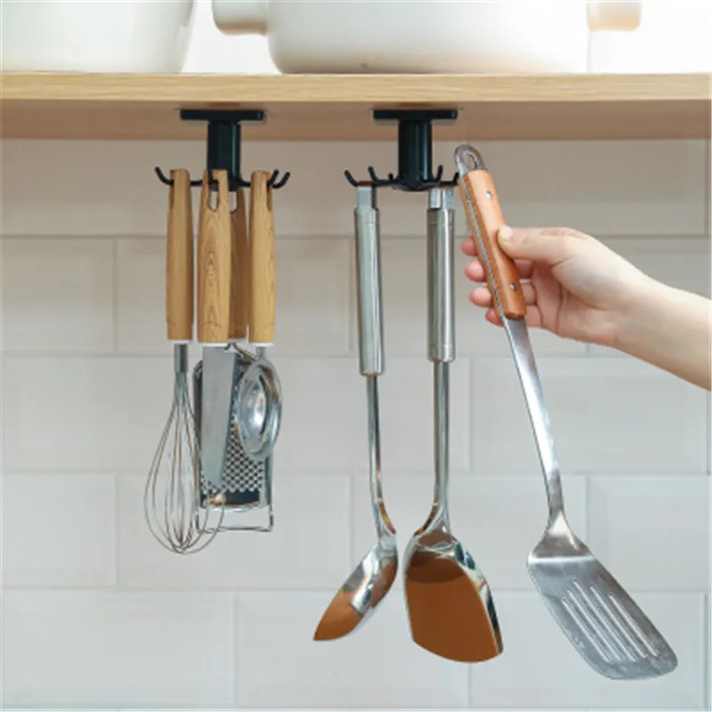 

360 Degrees Rotated Kitchen Hooks Self Adhesive 6 Hooks Home Wall Door Hook Handbag Clothes Ties Bag Hanger Hanging Rack Tools