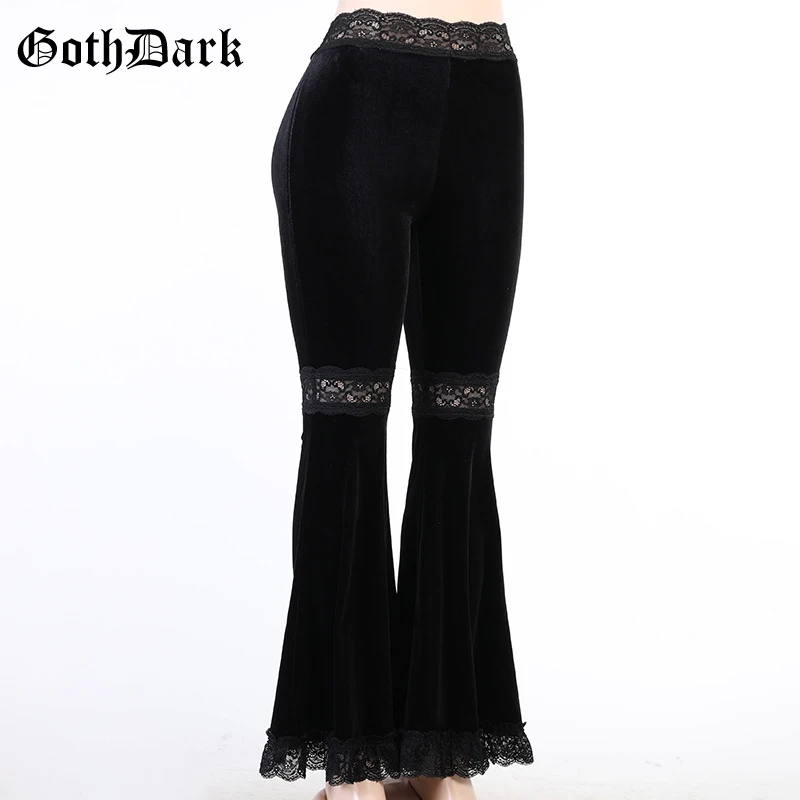 Goth Dark Velvet Gothic Lace Patchwork Flare Pants Romantic Goth Vintage Grunge Skinny Women Trousers High Waist Streetwear Emo