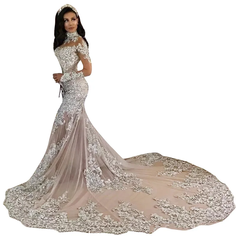 Роскошные свадебные платья русалки 2020 с высоким горлом и длинными рукавами