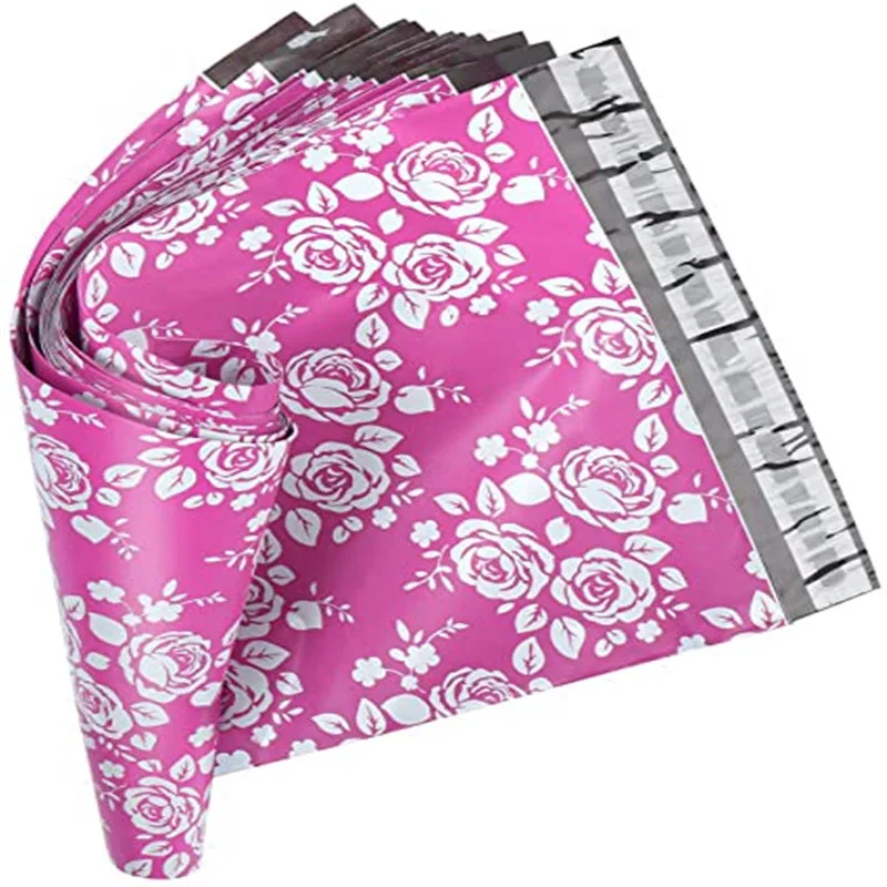 

50Pcs Rose Floral Pattern Poly Mailers Envelope Plastic Custom Mailing & Shipping Express Bags Self Seal Pink/Puple 10*13inch
