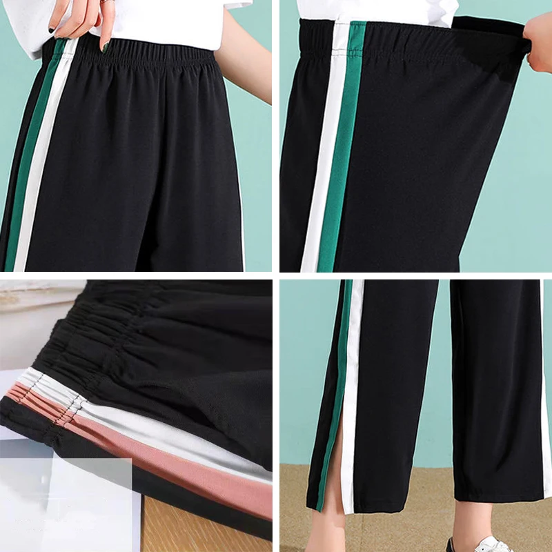 

Loose Side stripe Split Fork Sweatpants Women Casual Elastic High Waist Wide Leg Pants Korean Ankle-Length Sweat Pants Female