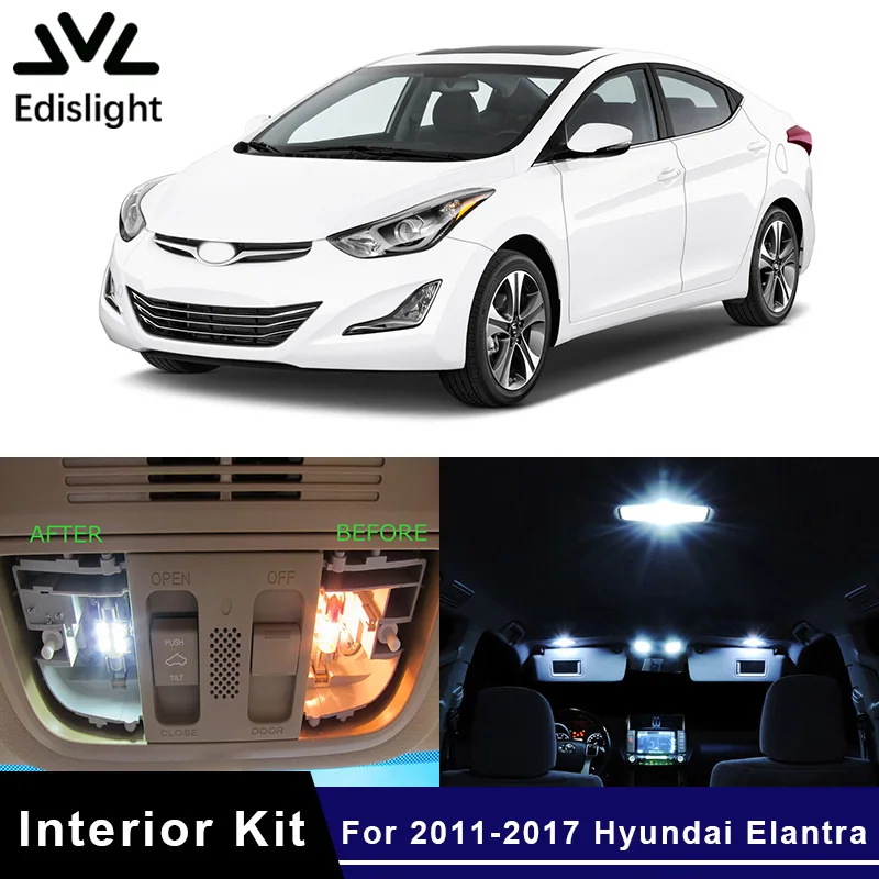 

Edislight 9Pcs Ice Blue White LED Lamp Car Bulbs Interior Package Kit For 2011-2017 Hyundai Elantra Map Dome Trunk Plate Light