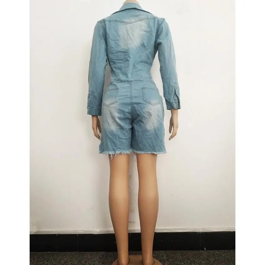 

Ripped Shirt Denim Playsuits Women Spring Casual Long Sleeve Elegant Short Jumpsuit Loose Fashion Jumpsuit Rompers