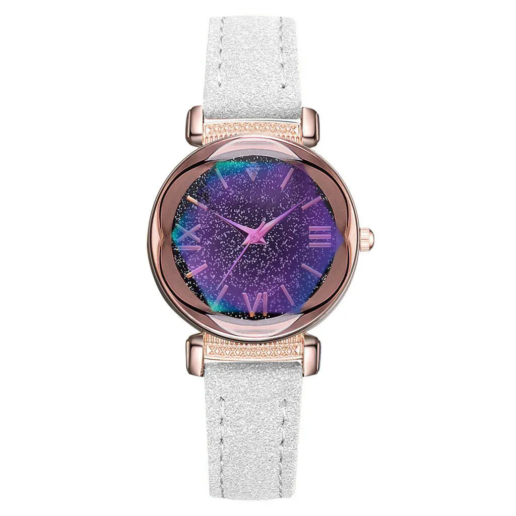 

Hot Fashion Simple Starry Dial Leather Ladies Quartz Waterproof Watch Gift Luxury Alloy Purple-ray Glass Flower Brand Girl Clock