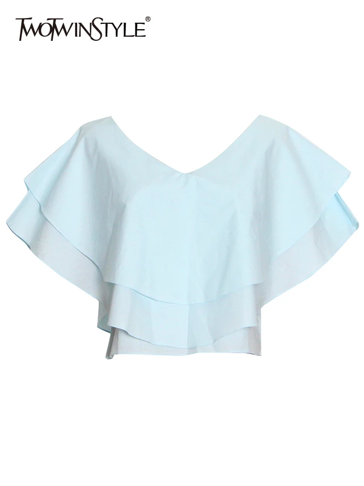 

Женская Повседневная рубашка TWOTWINSTYLE, однотонная плиссированная рубашка с v-образным вырезом, коротким рукавом и высокой талией, осенняя оде...