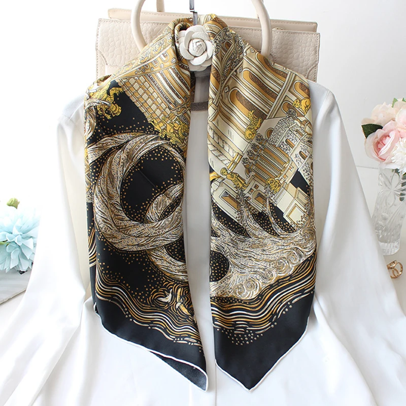 100% Twill Silk Scarf Unisex Man Women Vintage Tower Print Shawl Hijab Hand Rolled Kerchief Bandana 35