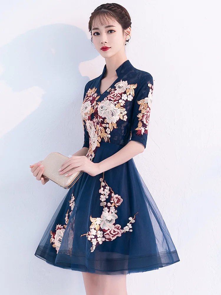 

Lace Embroidery Mandarin Collar Chinese Dress Elegant Tulle Cheongsams Vestidos Improved Retract Waist Qipao Formal Party Dress
