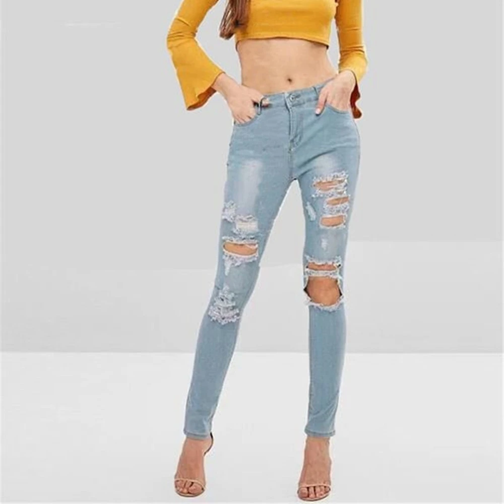 

WITHZZ Spring Autumn Slim Holes Ripped Women's Denim Trousers Pencil Pants Jeans