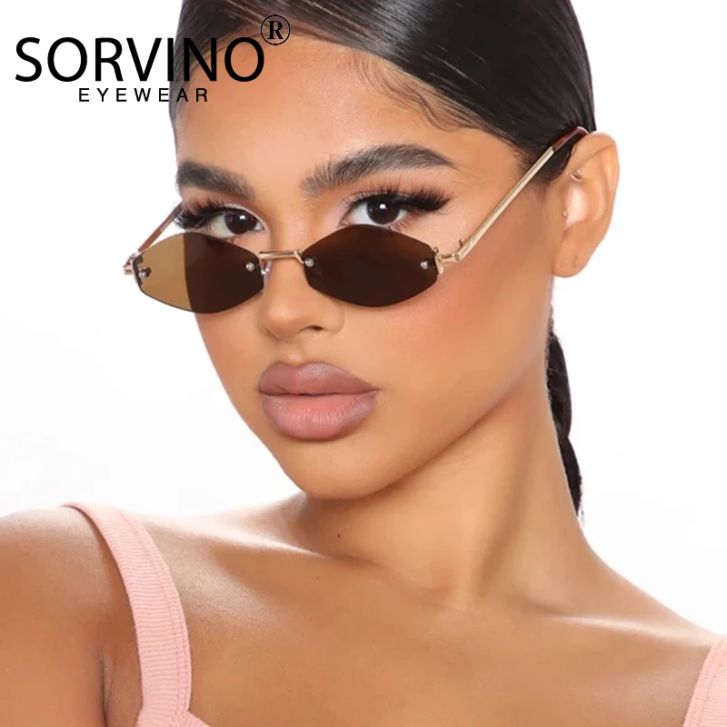 

SORVINO Fashion Small Rimless Retro Sunglasses Women Red Frameless Hexagon Ocean Lens Rivet Frameless 90s Men Sun Glasses Shades