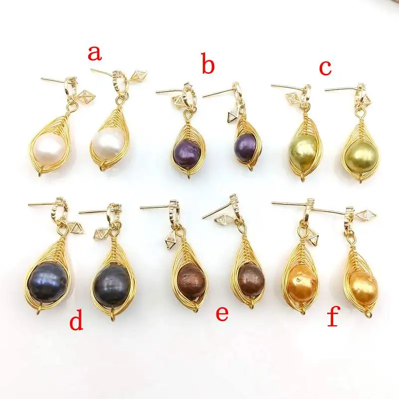 

Gold color wire wrapped multi color baroque pearl earring water drop earrings for woman