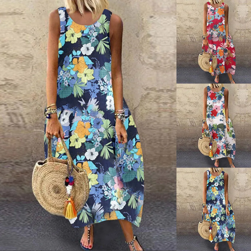 

2021 New Summer Robe Bohemia Floral Printed Dress Women Sleeveless Casual Maxi Dress Beach Loose Vacation Dress Lady Vestidos