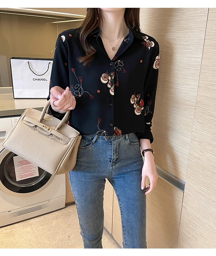 

Женская свободная рубашка с длинным рукавом, черная блузка с цветочным принтом, топ скрывает живот, новинка весны 2021