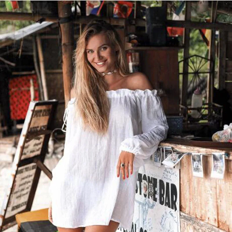 2019 Летняя женская пляжная одежда накидки белая хлопковая туника бикини юбка с