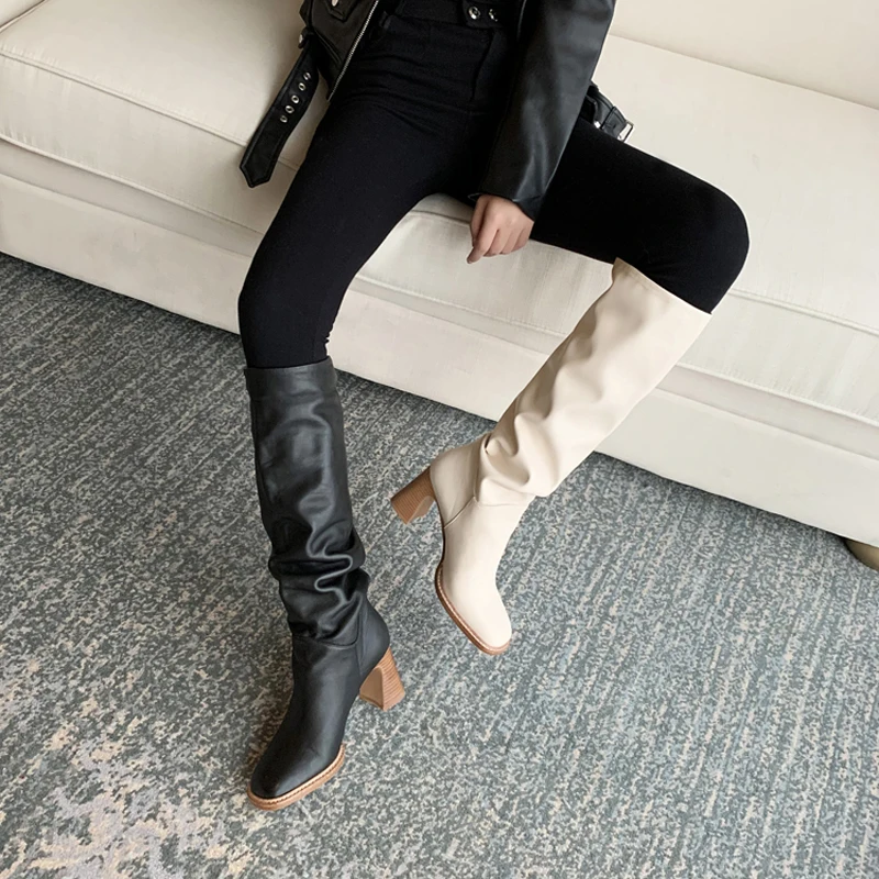 Arden Furtado Cow Leather Knee High Boots Women White Fashion Square Head Chunky Heels7.5cm Sexy Ladies Long Pleated Shoes | Обувь