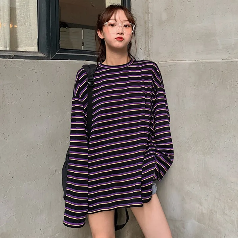 Женская Винтажная футболка в полоску осенняя свободная с длинным рукавом