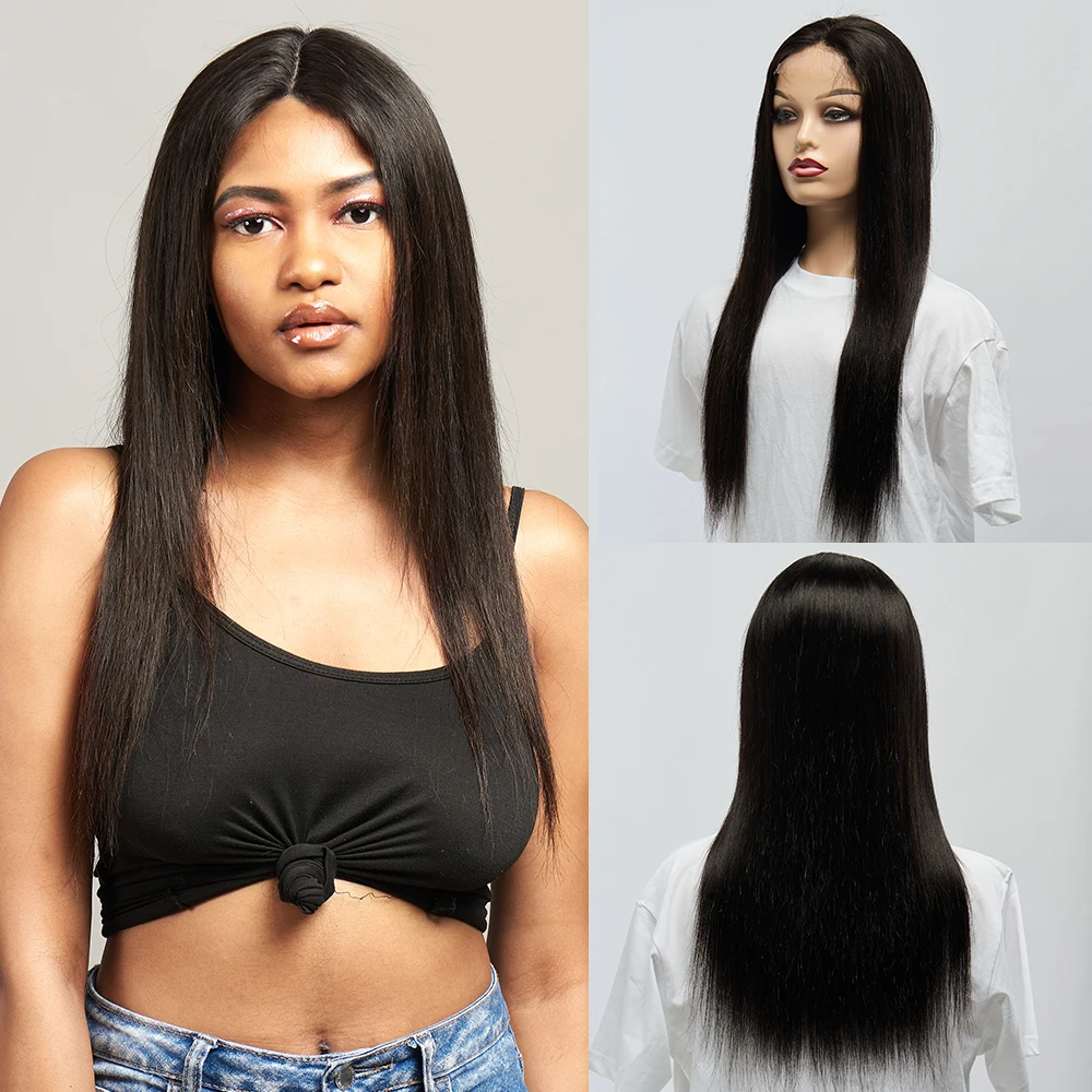 

Hot 4x4 Straight HD Transparent Lace Frontal Pre Plucked Brazilian Human Hair Closure Wigs for Black Woman 24Inch 150 Density