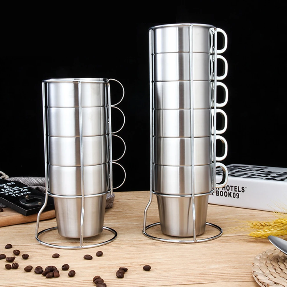 

4PCS/6PCS Stainless Steel Double Cup Set 300ML Korean Style Coffee Cup With Handle Insulation Home Milk Tea Cup Beer Mug