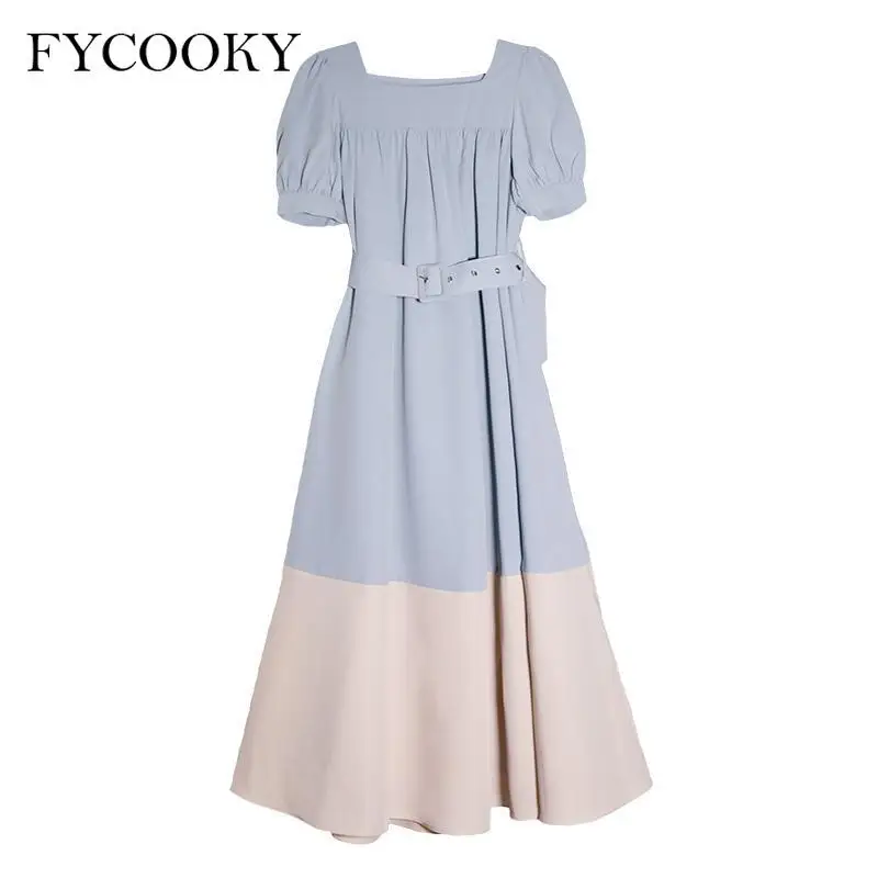 

Vintage Dress Women 2021 New French Square Neck Puff Sleeve Long Dresses Female Summer Patchwork Dress with Sashes