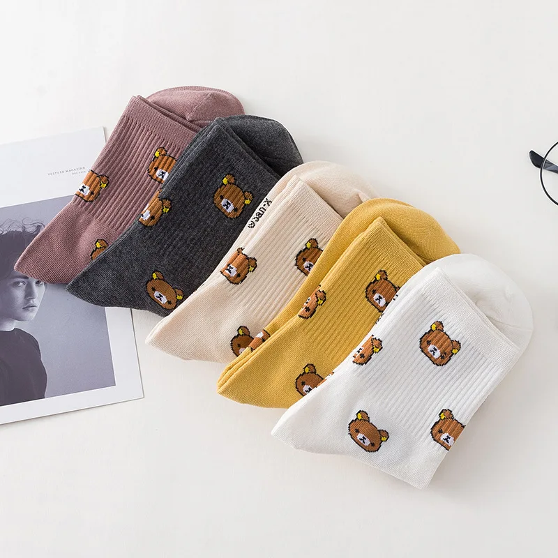 5 Pairs Cartoon Women's Socks Cotton Cute Bear Lovely Girl Harajuku Sock Breathable Combed of Cotton High Quality Female Socks