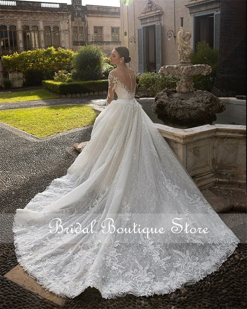 luxury Mermaid Wedding Dress Overskirts Long Sleeve Lace Beaded Wedding Bridal Gowns Vestido De Novia